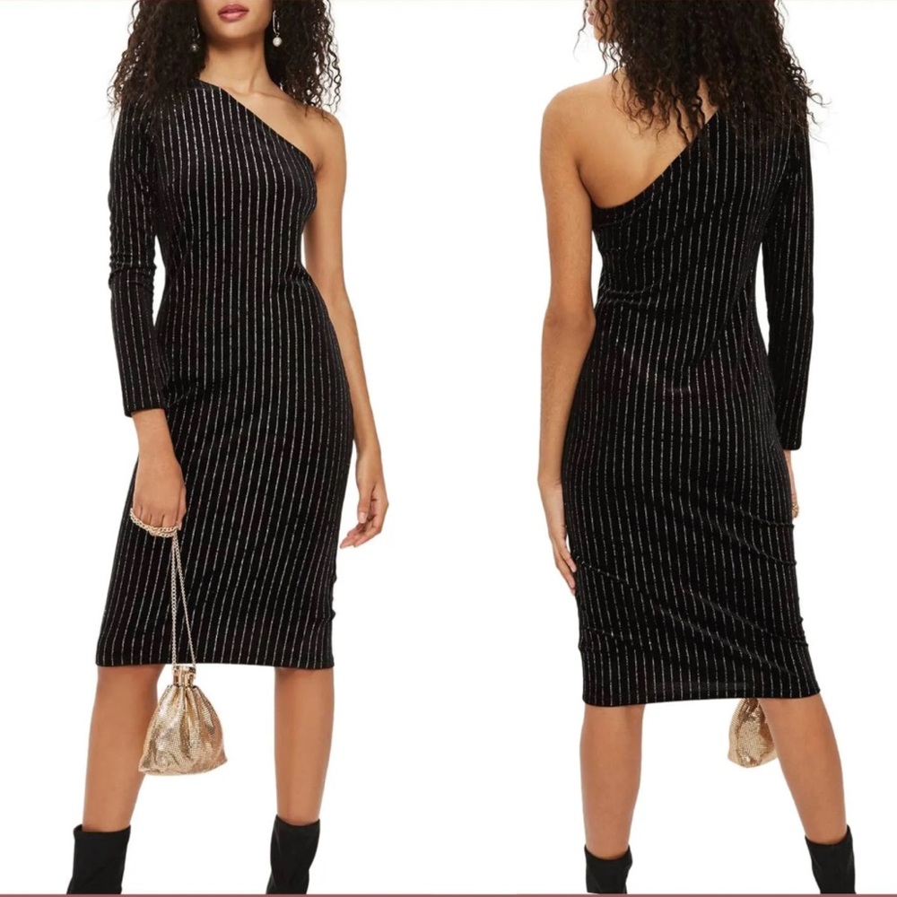Topshop Glitter Stripe Velvet One-Shoulder Dress - Black/Silver (Size US 6)